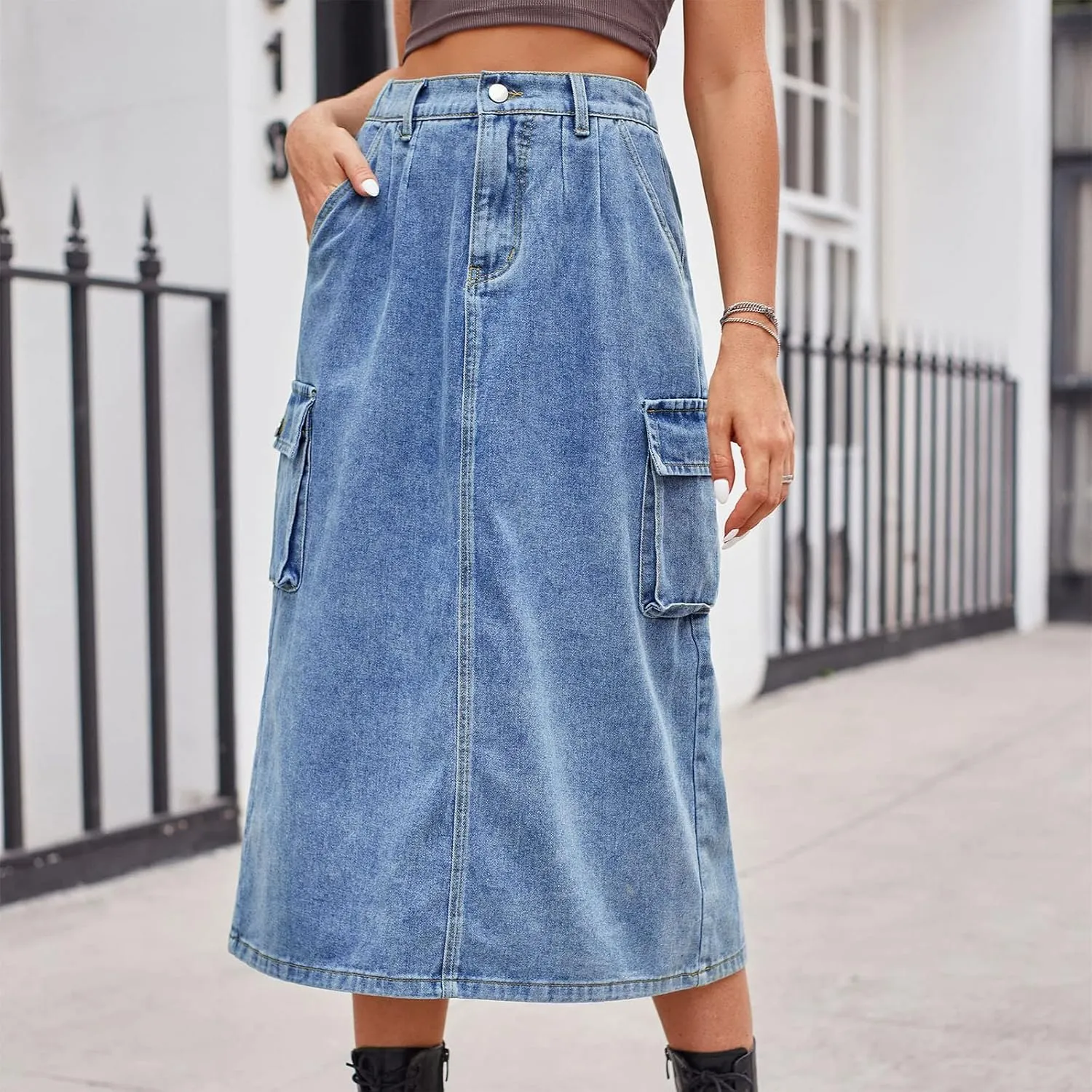 Women Casual Cargo Denim Skirt with Pockets High Waisted Work Button Jeans Dresses Summer Flowy Hem A-line Skirts