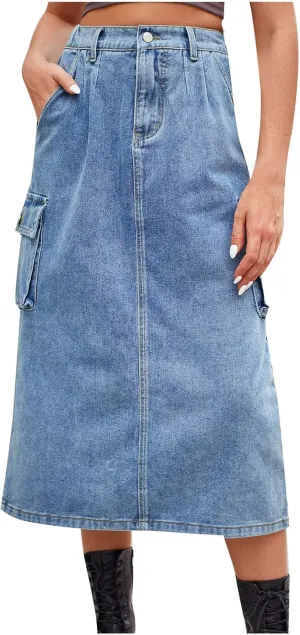 Women Casual Cargo Denim Skirt with Pockets High Waisted Work Button Jeans Dresses Summer Flowy Hem A-line Skirts