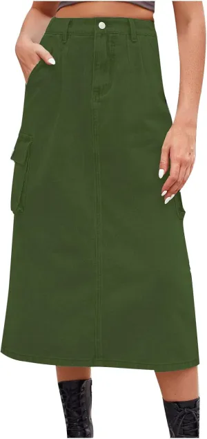 Women Casual Cargo Denim Skirt with Pockets High Waisted Work Button Jeans Dresses Summer Flowy Hem A-line Skirts