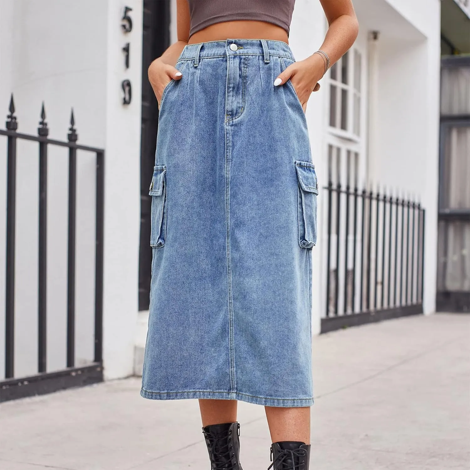 Women Casual Cargo Denim Skirt with Pockets High Waisted Work Button Jeans Dresses Summer Flowy Hem A-line Skirts
