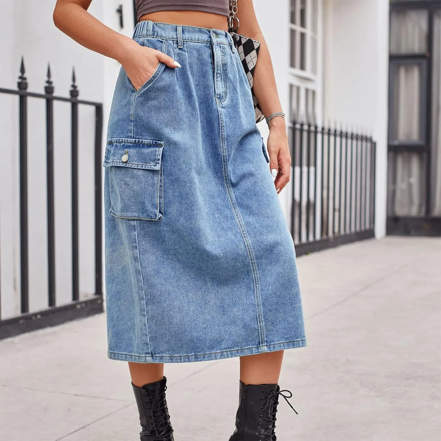 Women Casual Cargo Denim Skirt with Pockets High Waisted Work Button Jeans Dresses Summer Flowy Hem A-line Skirts