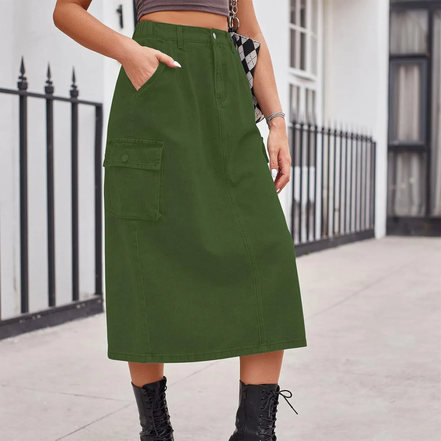 Women Casual Cargo Denim Skirt with Pockets High Waisted Work Button Jeans Dresses Summer Flowy Hem A-line Skirts