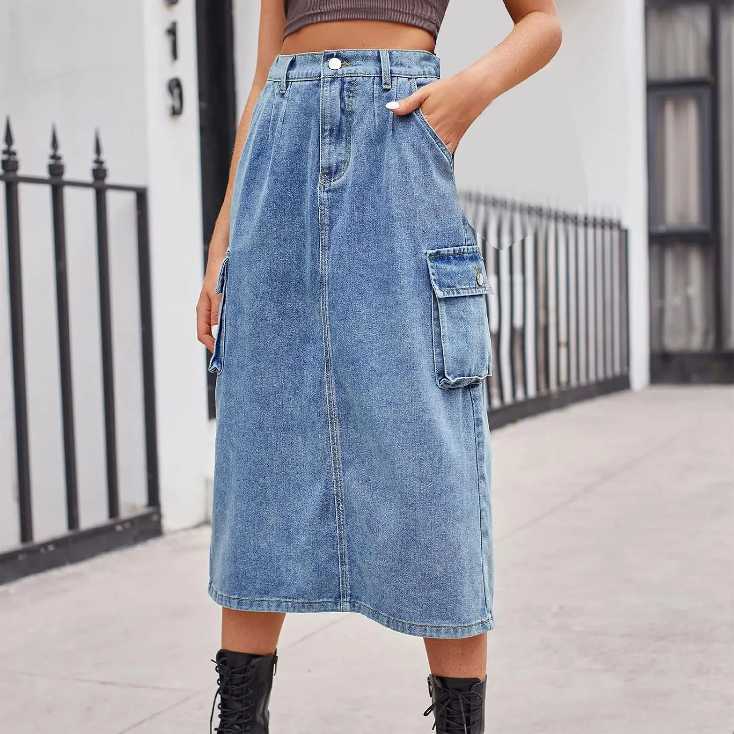 Women Casual Cargo Denim Skirt with Pockets High Waisted Work Button Jeans Dresses Summer Flowy Hem A-line Skirts
