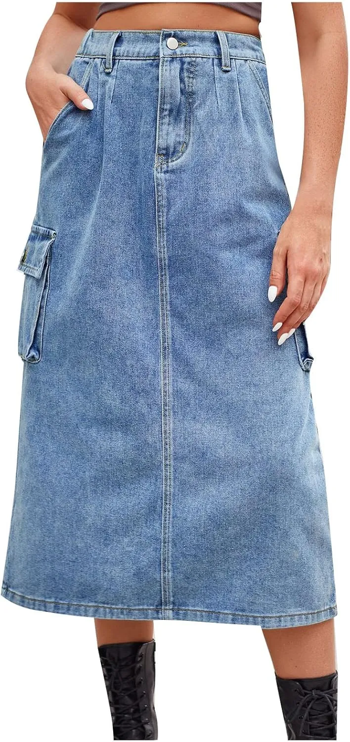 Women Casual Cargo Denim Skirt with Pockets High Waisted Work Button Jeans Dresses Summer Flowy Hem A-line Skirts