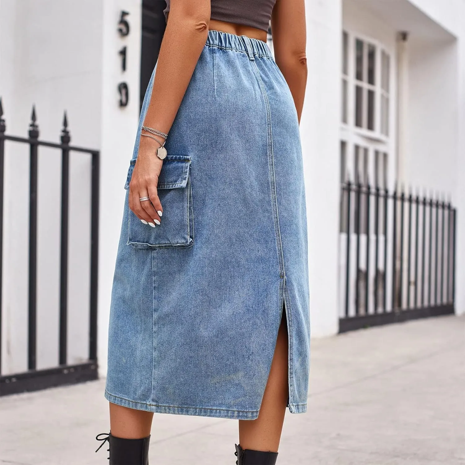 Women Casual Cargo Denim Skirt with Pockets High Waisted Work Button Jeans Dresses Summer Flowy Hem A-line Skirts