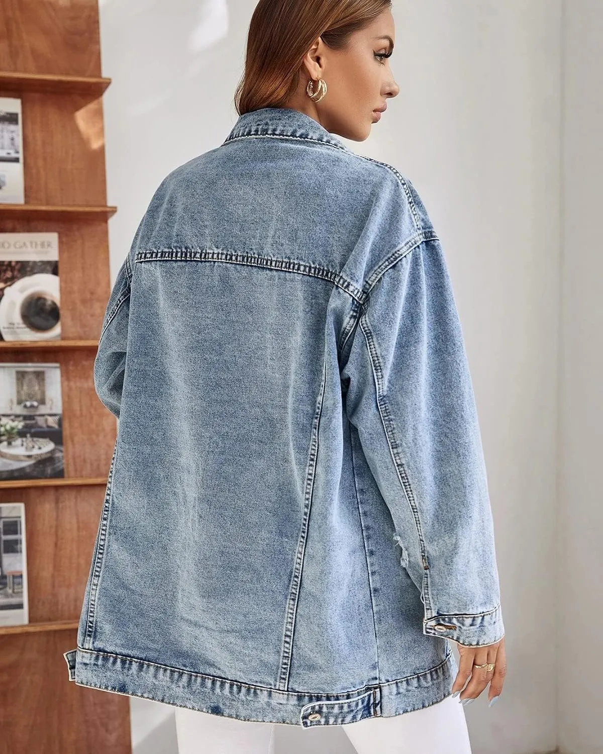 Women Casual Oversize Denim Jackets Mid Long Vintage Ripped Jean Coats