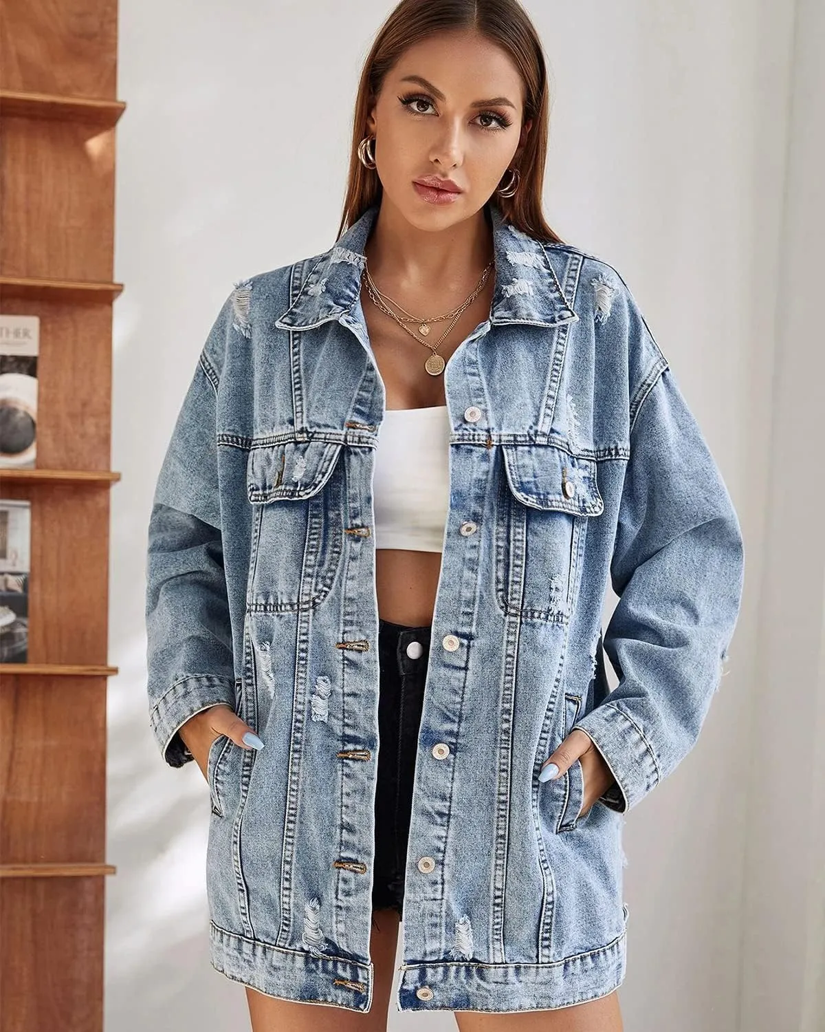 Women Casual Oversize Denim Jackets Mid Long Vintage Ripped Jean Coats