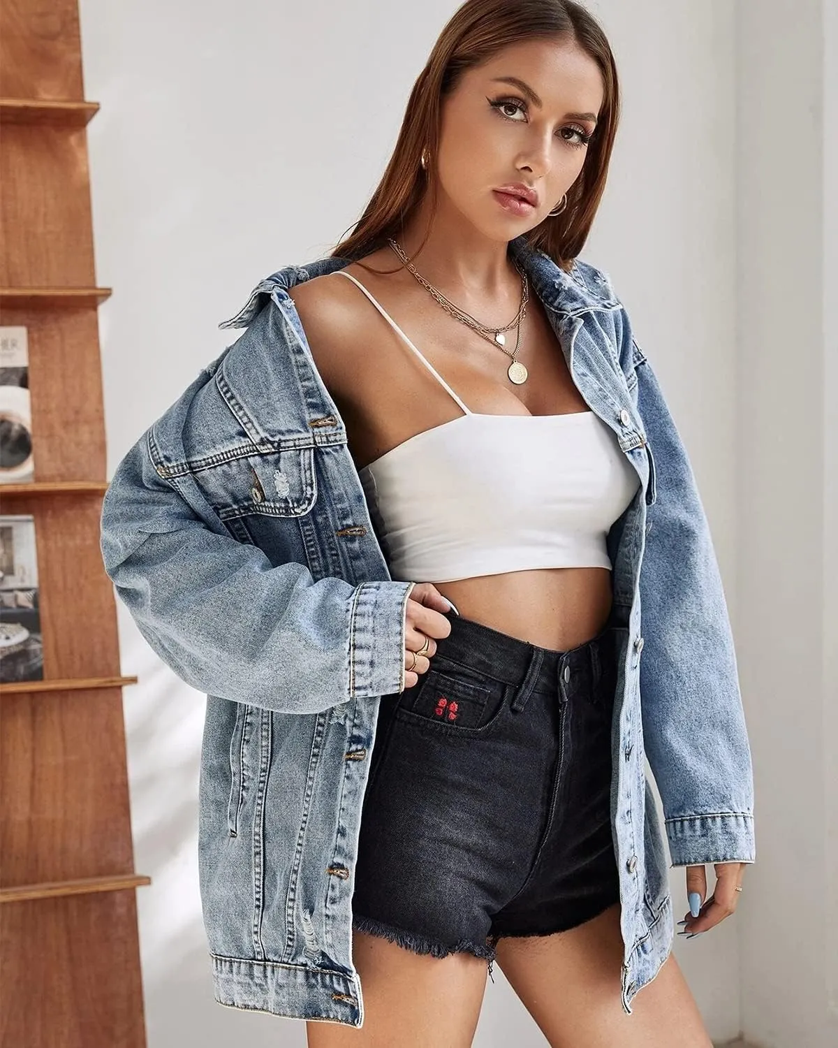 Women Casual Oversize Denim Jackets Mid Long Vintage Ripped Jean Coats