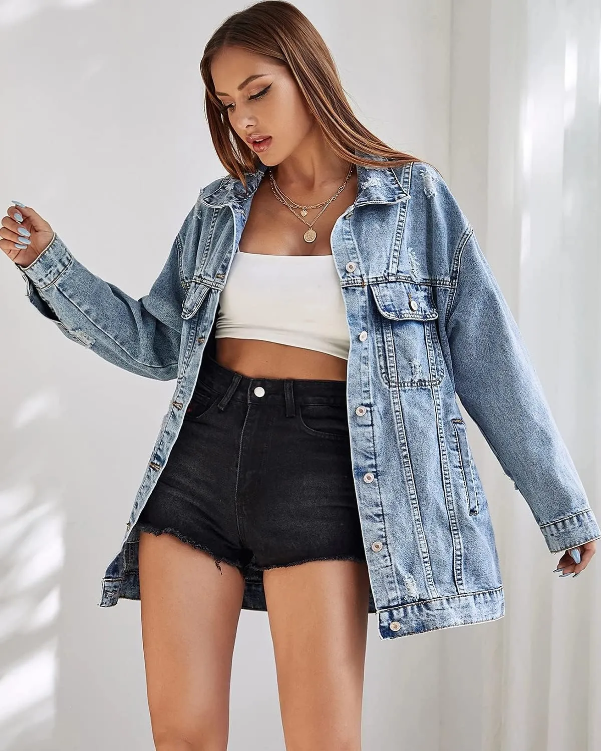 Women Casual Oversize Denim Jackets Mid Long Vintage Ripped Jean Coats