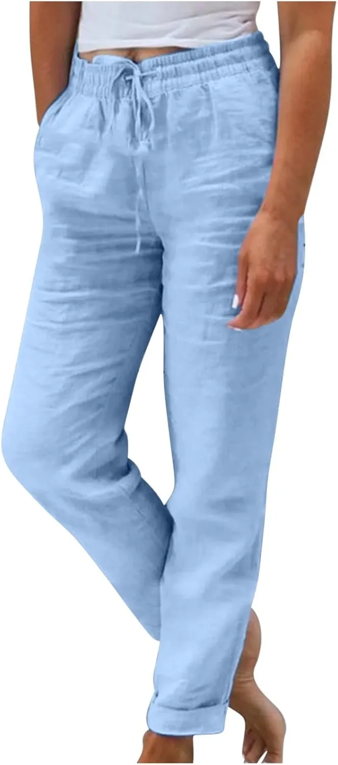 Women Cotton Linen Pants, Lightweight Summer Drawstring Tapered Trousers Casual Elastic High Waist Slack with Pockets