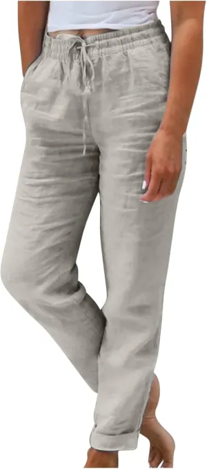 Women Cotton Linen Pants, Lightweight Summer Drawstring Tapered Trousers Casual Elastic High Waist Slack with Pockets