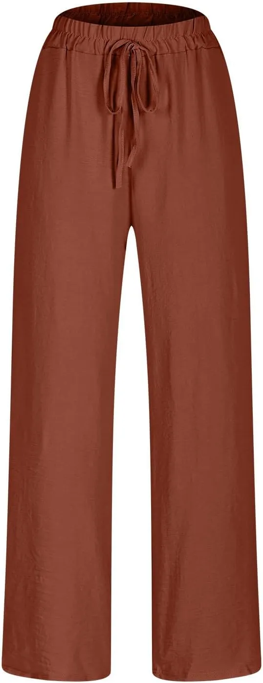 Women Cotton Linen Pants, Lightweight Summer Drawstring Tapered Trousers Casual Elastic High Waist Slack with Pockets