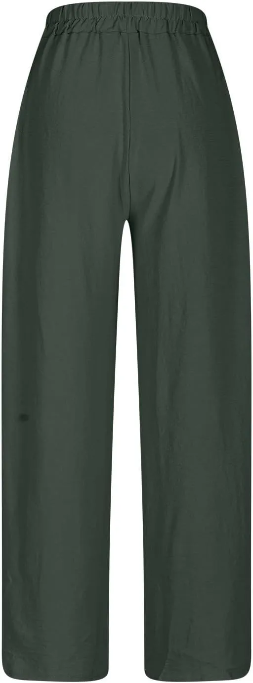 Women Cotton Linen Pants, Lightweight Summer Drawstring Tapered Trousers Casual Elastic High Waist Slack with Pockets