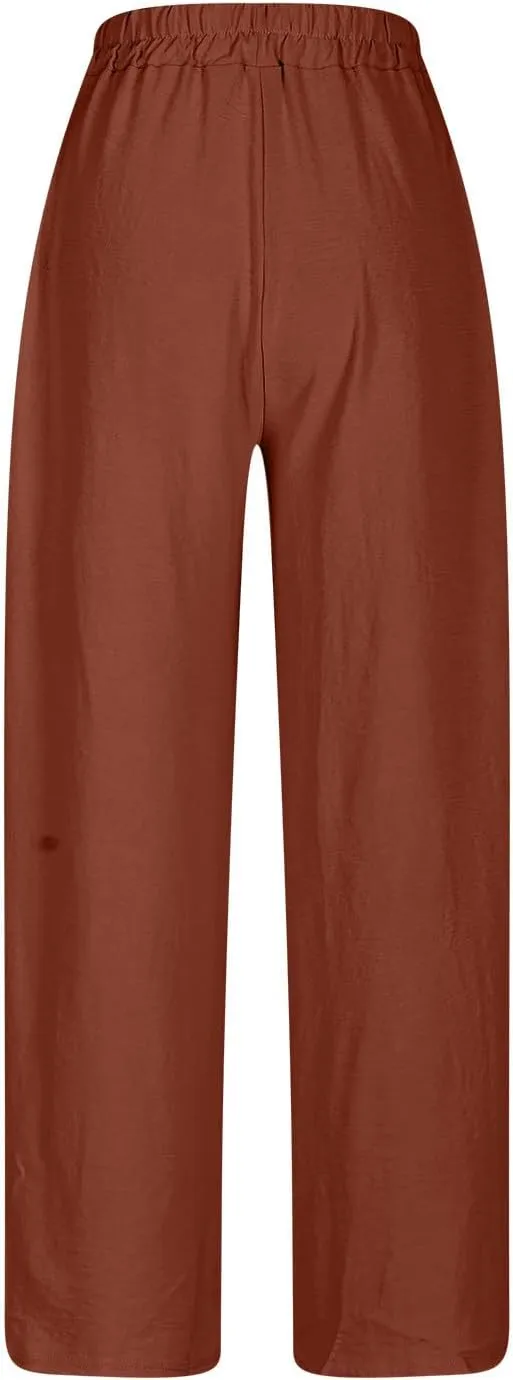 Women Cotton Linen Pants, Lightweight Summer Drawstring Tapered Trousers Casual Elastic High Waist Slack with Pockets