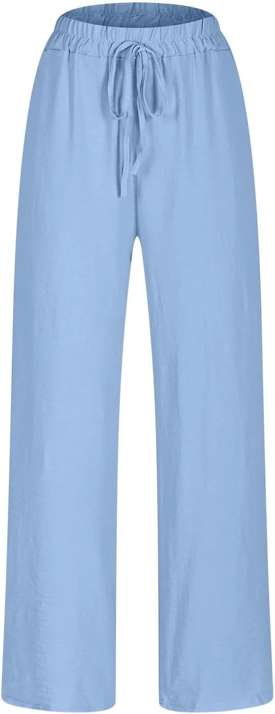 Women Cotton Linen Pants, Lightweight Summer Drawstring Tapered Trousers Casual Elastic High Waist Slack with Pockets