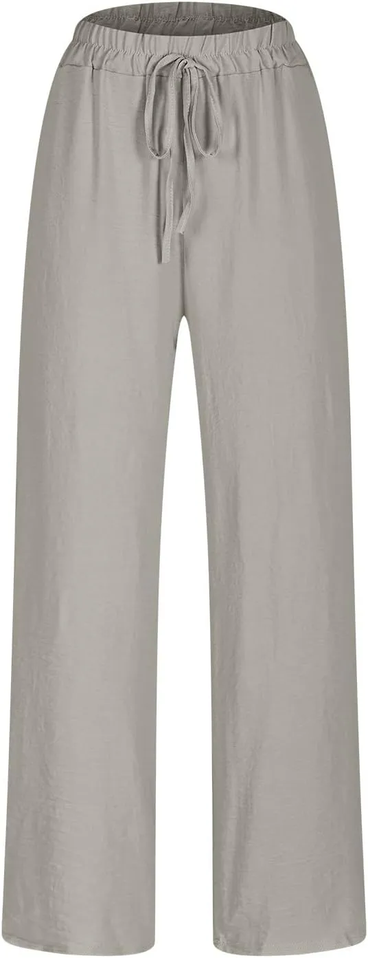 Women Cotton Linen Pants, Lightweight Summer Drawstring Tapered Trousers Casual Elastic High Waist Slack with Pockets