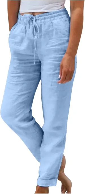 Women Cotton Linen Pants, Lightweight Summer Drawstring Tapered Trousers Casual Elastic High Waist Slack with Pockets