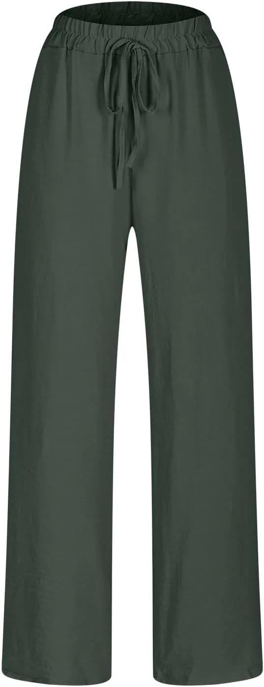 Women Cotton Linen Pants, Lightweight Summer Drawstring Tapered Trousers Casual Elastic High Waist Slack with Pockets