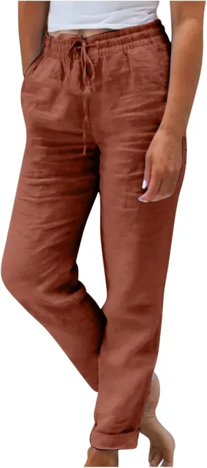 Women Cotton Linen Pants, Lightweight Summer Drawstring Tapered Trousers Casual Elastic High Waist Slack with Pockets