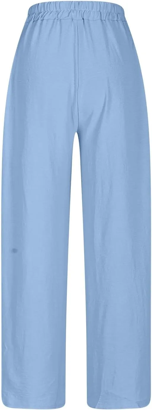 Women Cotton Linen Pants, Lightweight Summer Drawstring Tapered Trousers Casual Elastic High Waist Slack with Pockets