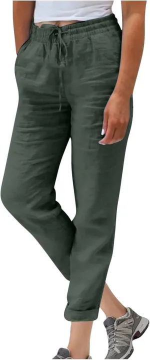 Women Cotton Linen Pants, Lightweight Summer Drawstring Tapered Trousers Casual Elastic High Waist Slack with Pockets