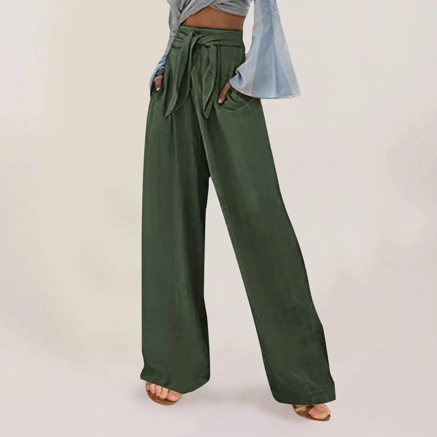 Women Cotton Linen Summer Casual Pant Trousers Elastic Waist Stretchy Straight Slim-Fit Palazzo Pants Beach