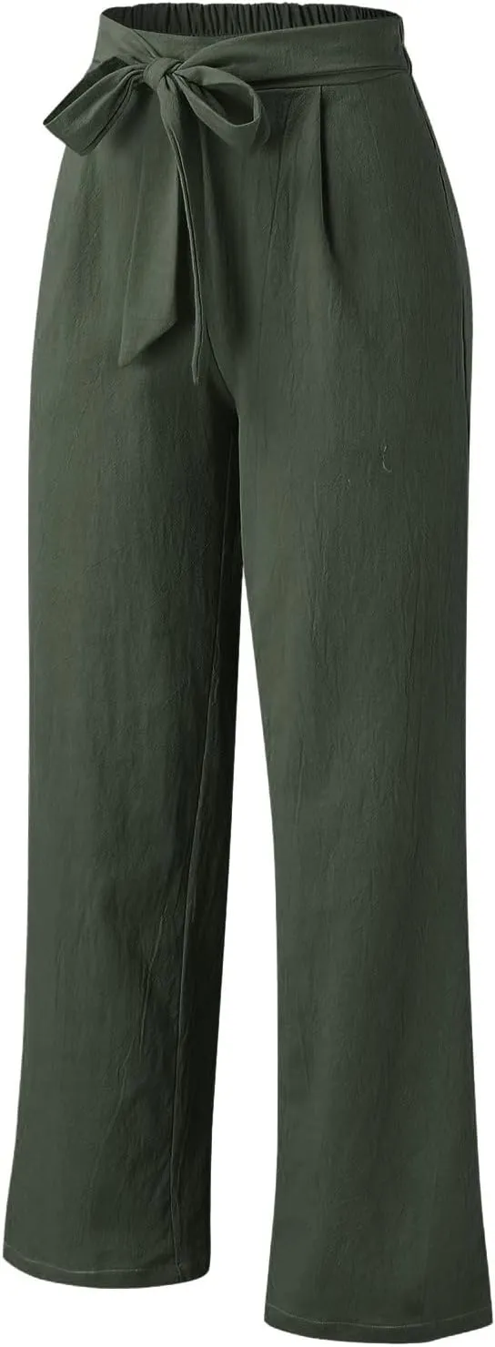 Women Cotton Linen Summer Casual Pant Trousers Elastic Waist Stretchy Straight Slim-Fit Palazzo Pants Beach