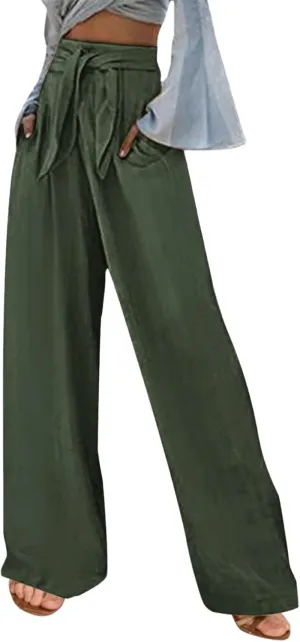 Women Cotton Linen Summer Casual Pant Trousers Elastic Waist Stretchy Straight Slim-Fit Palazzo Pants Beach