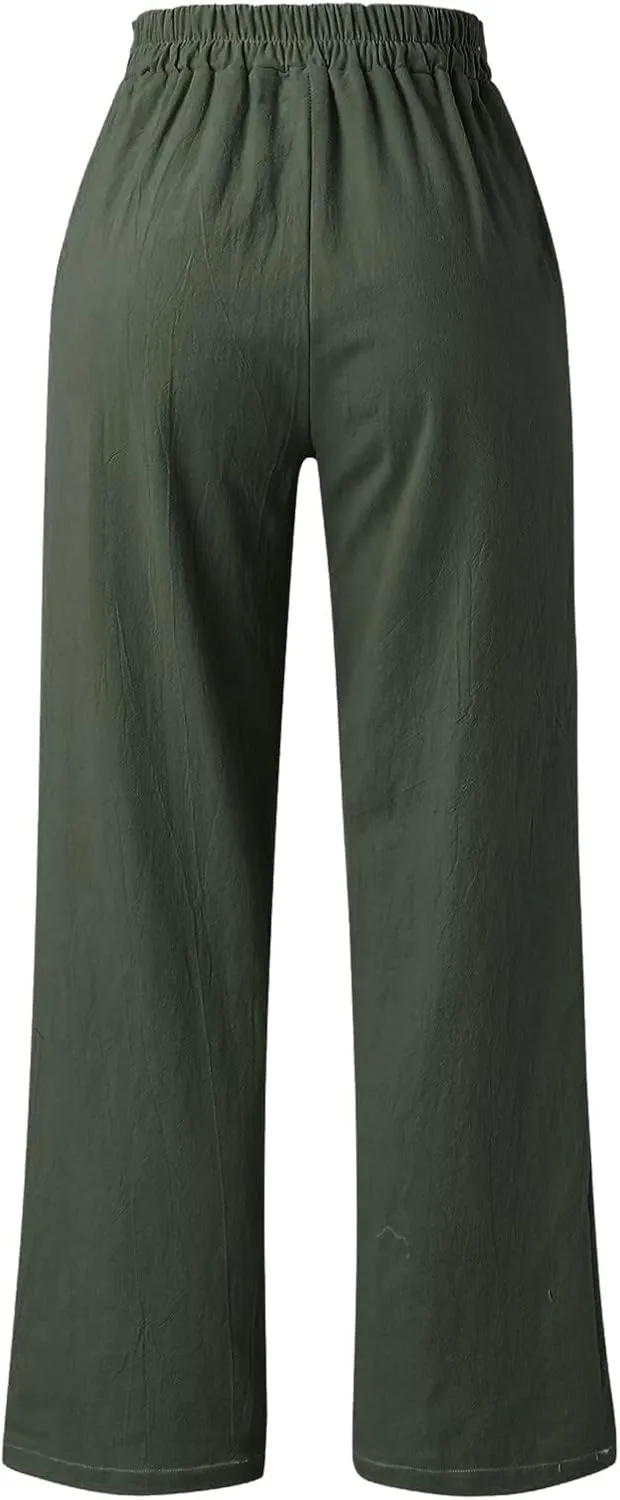 Women Cotton Linen Summer Casual Pant Trousers Elastic Waist Stretchy Straight Slim-Fit Palazzo Pants Beach