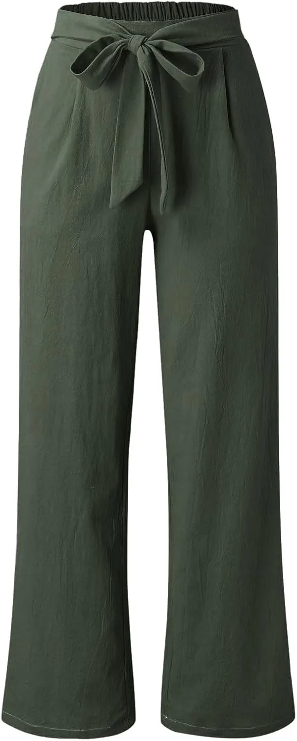 Women Cotton Linen Summer Casual Pant Trousers Elastic Waist Stretchy Straight Slim-Fit Palazzo Pants Beach