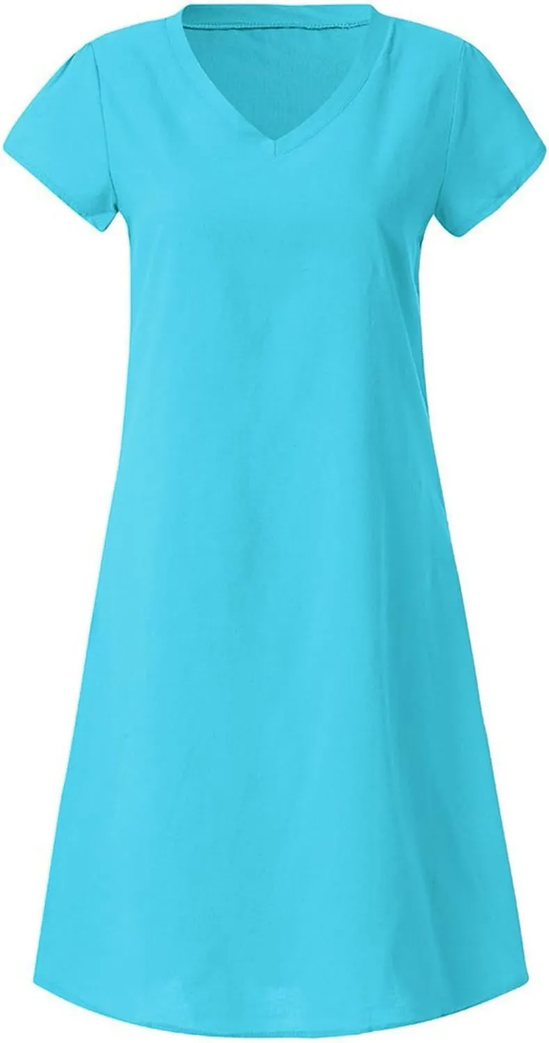 Women Cotton Linen T Shirt Dress V Neck Short Sleeve Summer Causal Tunic Beach Dresses 2025 Trendy Vacation Outfits