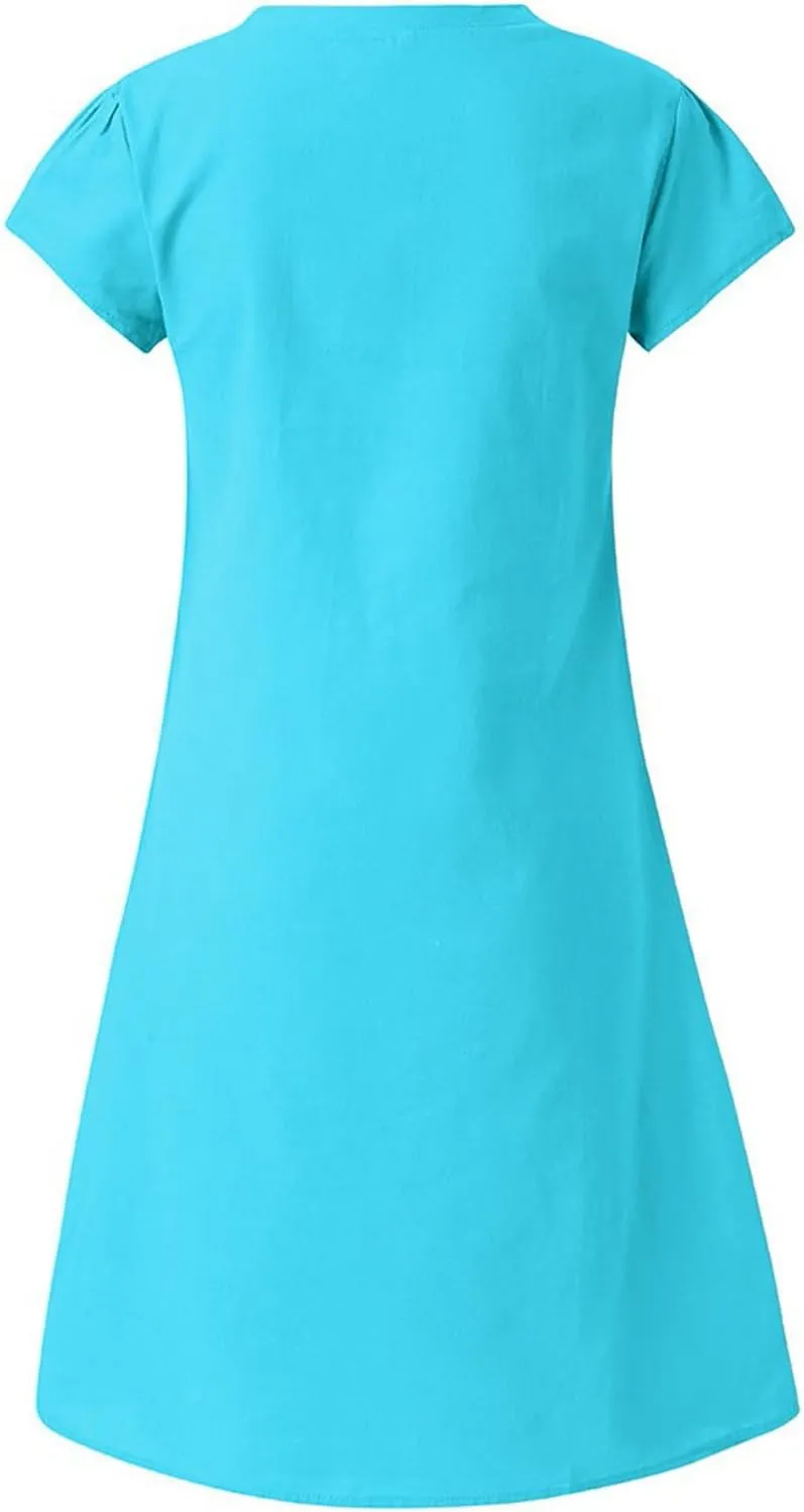 Women Cotton Linen T Shirt Dress V Neck Short Sleeve Summer Causal Tunic Beach Dresses 2025 Trendy Vacation Outfits