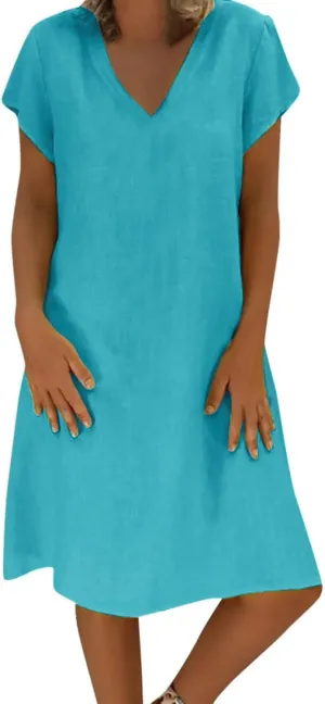 Women Cotton Linen T Shirt Dress V Neck Short Sleeve Summer Causal Tunic Beach Dresses 2025 Trendy Vacation Outfits