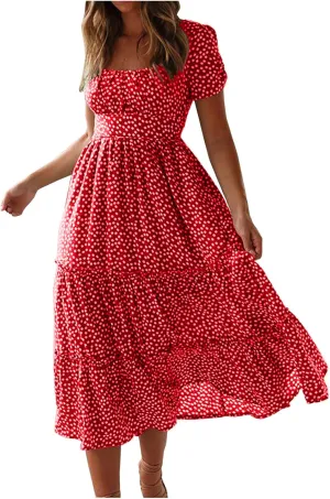 Women Floral Chiffon Midi Dress Summer Square Neck Short Sleeve Boho Sundress Flowy Smocked Tiered Swing Dresses