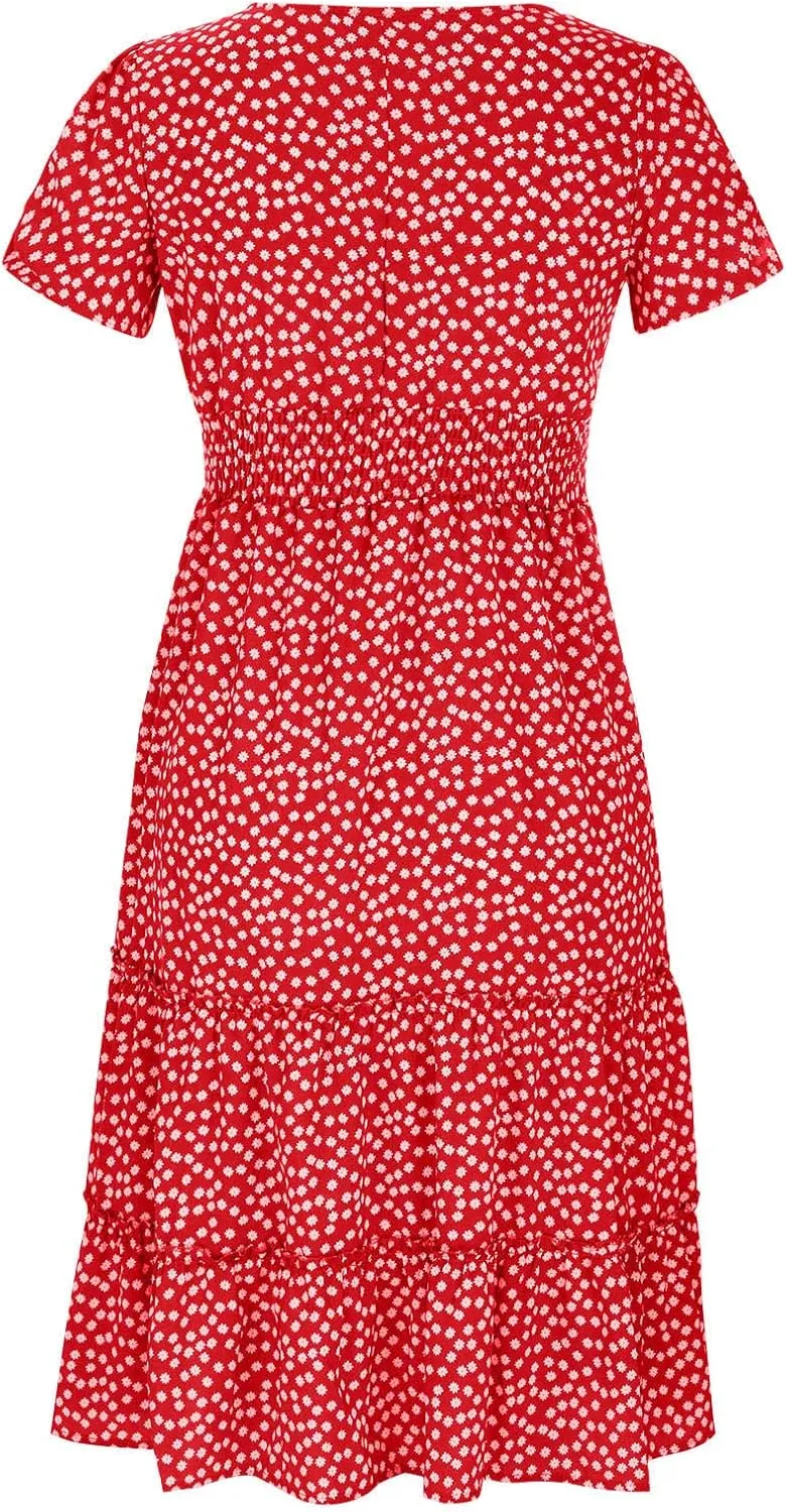 Women Floral Chiffon Midi Dress Summer Square Neck Short Sleeve Boho Sundress Flowy Smocked Tiered Swing Dresses