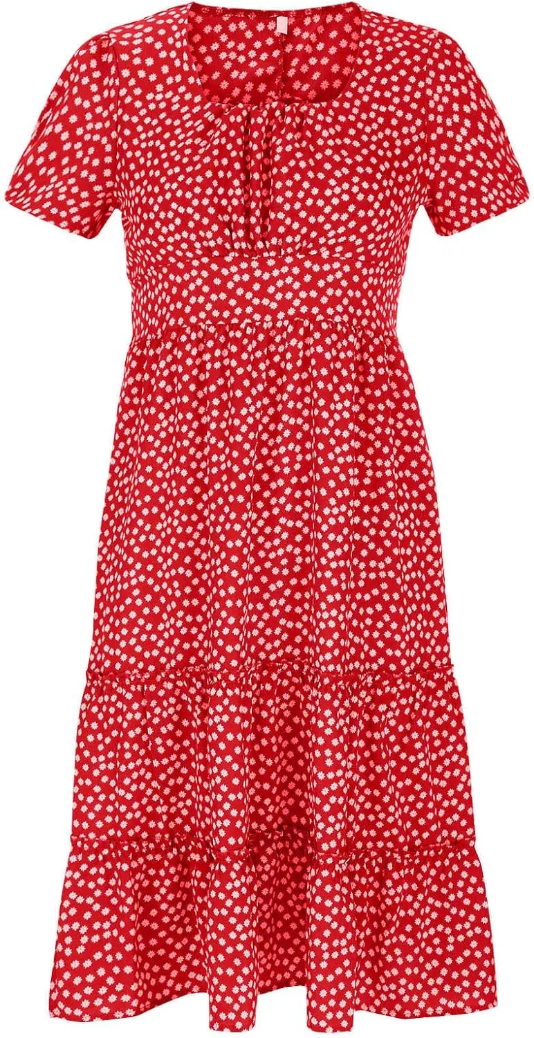 Women Floral Chiffon Midi Dress Summer Square Neck Short Sleeve Boho Sundress Flowy Smocked Tiered Swing Dresses