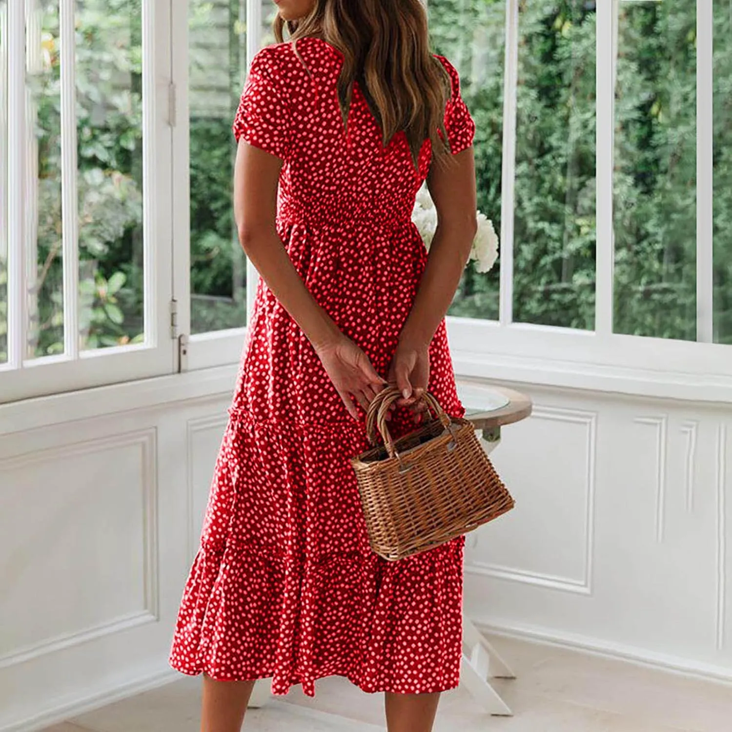 Women Floral Chiffon Midi Dress Summer Square Neck Short Sleeve Boho Sundress Flowy Smocked Tiered Swing Dresses