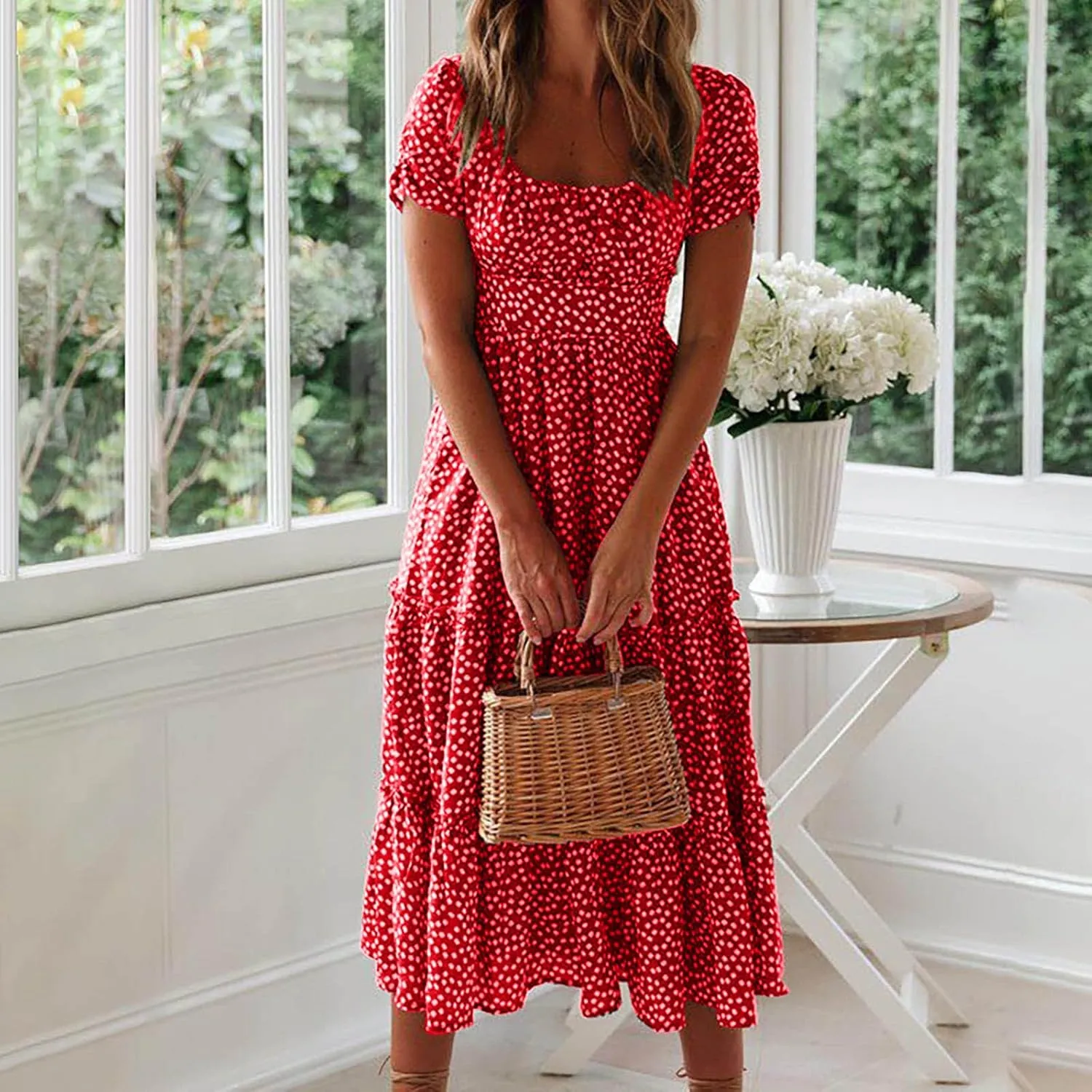 Women Floral Chiffon Midi Dress Summer Square Neck Short Sleeve Boho Sundress Flowy Smocked Tiered Swing Dresses