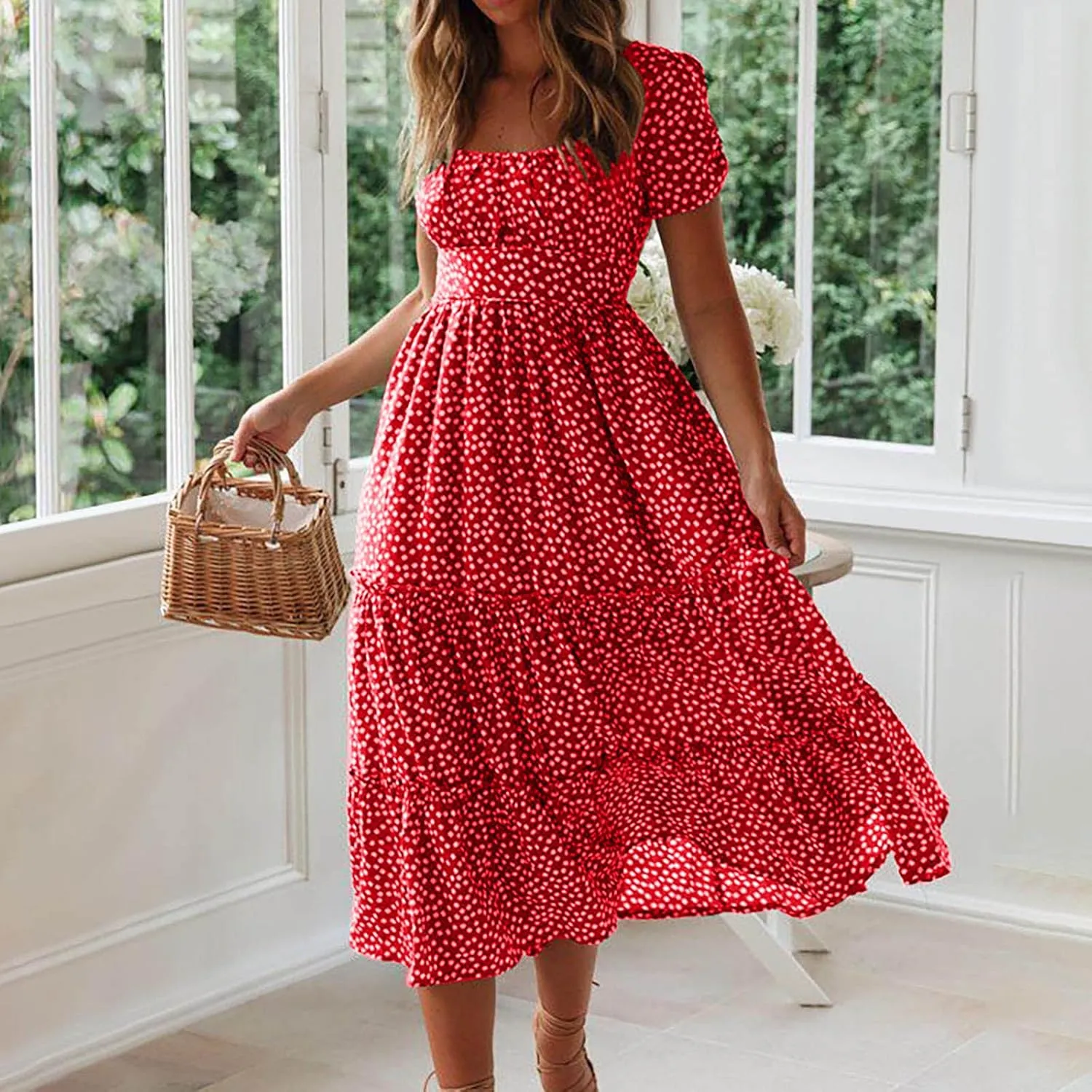 Women Floral Chiffon Midi Dress Summer Square Neck Short Sleeve Boho Sundress Flowy Smocked Tiered Swing Dresses