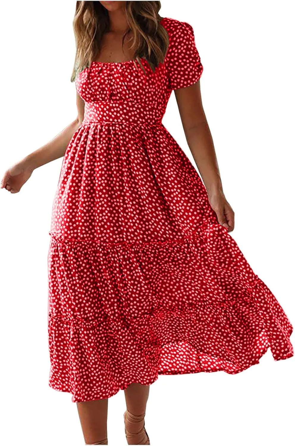 Women Floral Chiffon Midi Dress Summer Square Neck Short Sleeve Boho Sundress Flowy Smocked Tiered Swing Dresses
