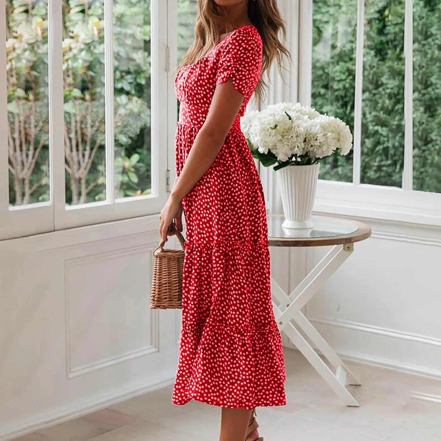 Women Floral Chiffon Midi Dress Summer Square Neck Short Sleeve Boho Sundress Flowy Smocked Tiered Swing Dresses