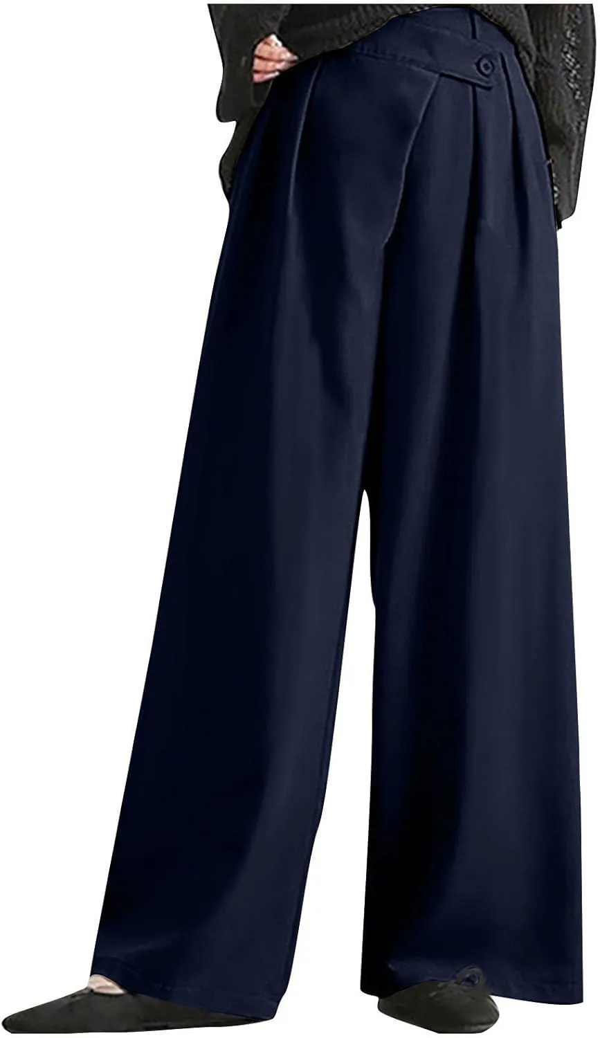 Women High Waist Casual Wide Leg Long Palazzo Pants Trousers Plus Size Irregular Belt Button Work Dress Pants