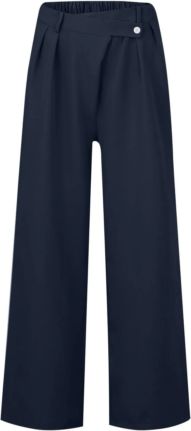 Women High Waist Casual Wide Leg Long Palazzo Pants Trousers Plus Size Irregular Belt Button Work Dress Pants