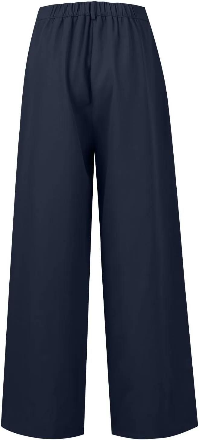 Women High Waist Casual Wide Leg Long Palazzo Pants Trousers Plus Size Irregular Belt Button Work Dress Pants