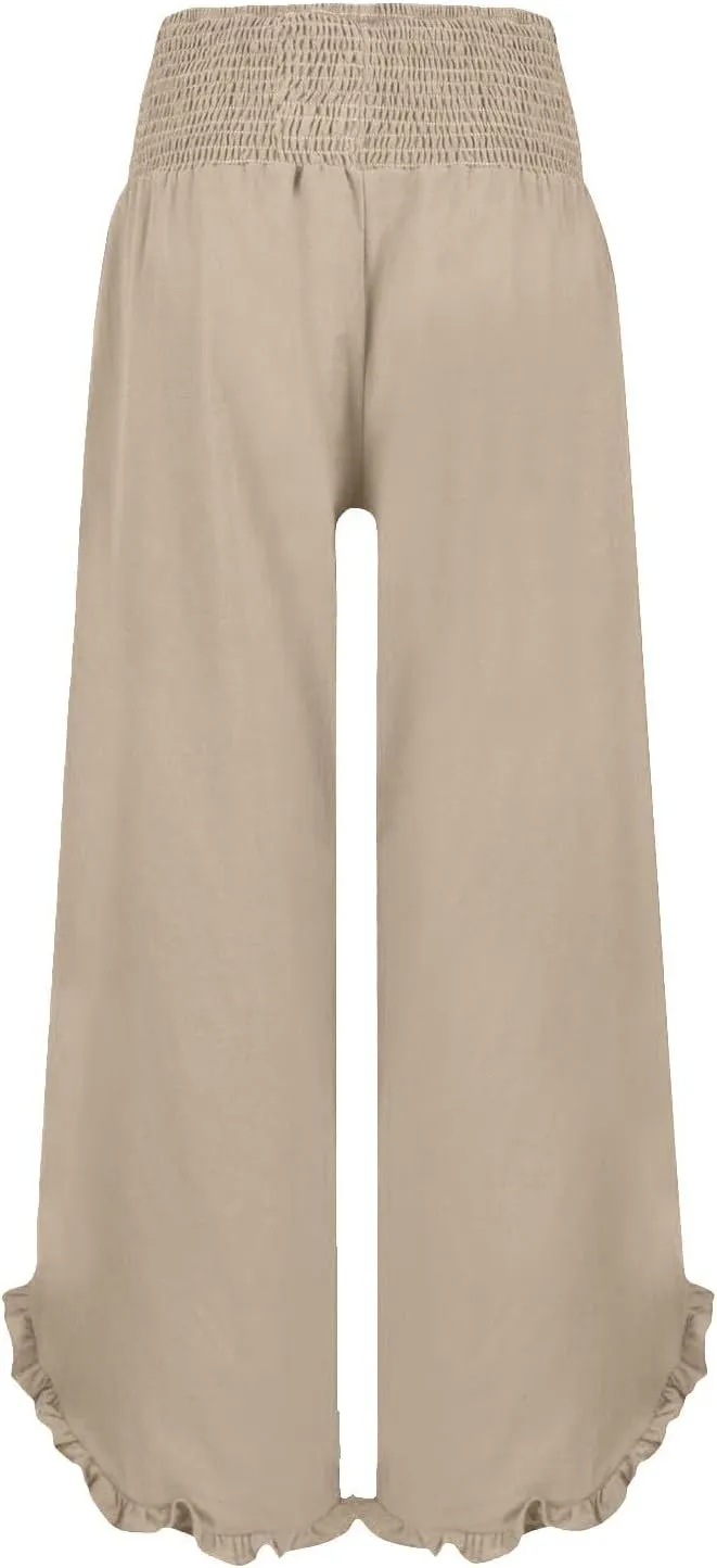 Women High Waisted Palazzo Linen Pants Trendy Pleated Irregular Cotton Linen Trouser Oversize Work Dressy Casaul Pant