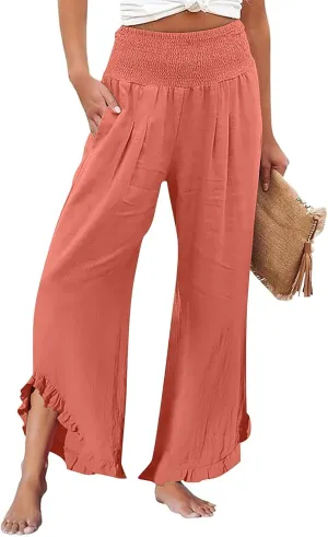 Women High Waisted Palazzo Linen Pants Trendy Pleated Irregular Cotton Linen Trouser Oversize Work Dressy Casaul Pant