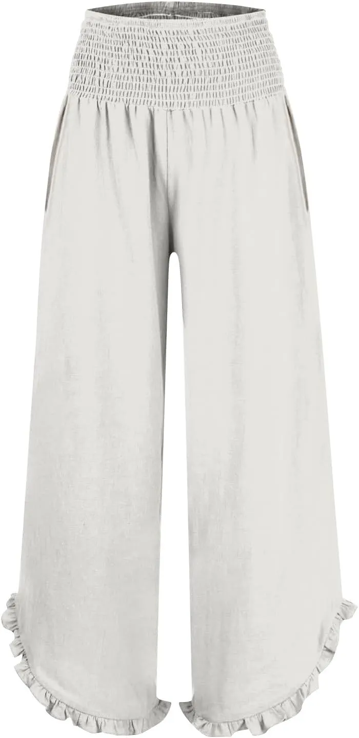 Women High Waisted Palazzo Linen Pants Trendy Pleated Irregular Cotton Linen Trouser Oversize Work Dressy Casaul Pant