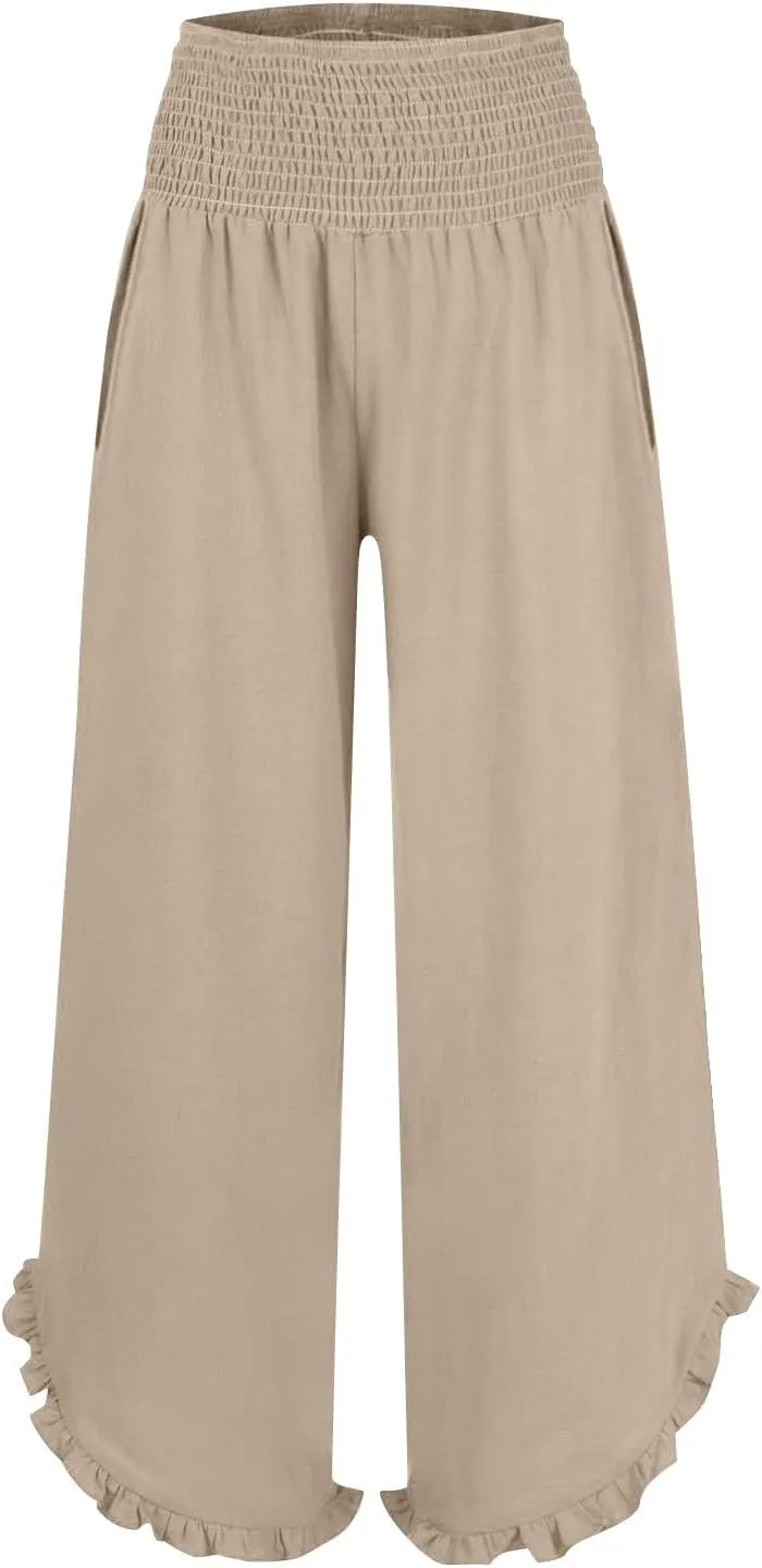 Women High Waisted Palazzo Linen Pants Trendy Pleated Irregular Cotton Linen Trouser Oversize Work Dressy Casaul Pant