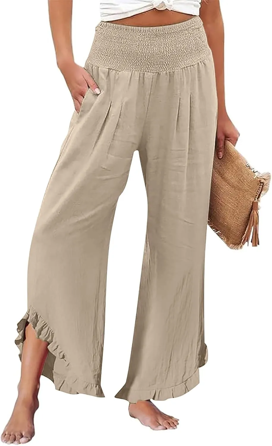 Women High Waisted Palazzo Linen Pants Trendy Pleated Irregular Cotton Linen Trouser Oversize Work Dressy Casaul Pant