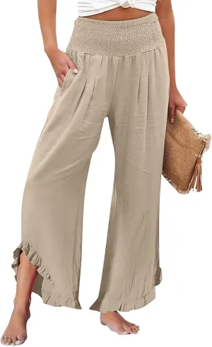 Women High Waisted Palazzo Linen Pants Trendy Pleated Irregular Cotton Linen Trouser Oversize Work Dressy Casaul Pant